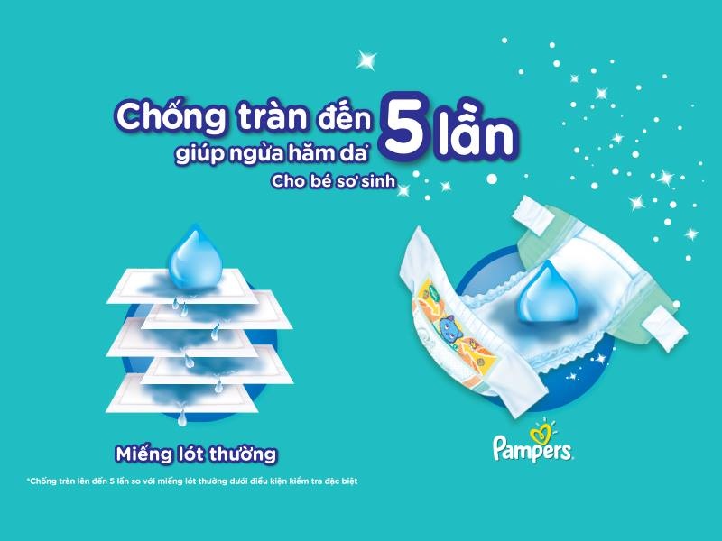 Bỉm Pampers chống tràn đến 5 lần