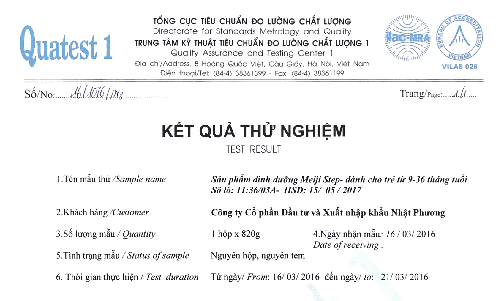 Thông báo kết quả xét nghiệm sản phẩm Meiji Step 1-3